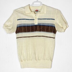 VTG 70s Saturdays Soft Fuzzy Knit Striped Polo Mens M Retro Sport Mid Century